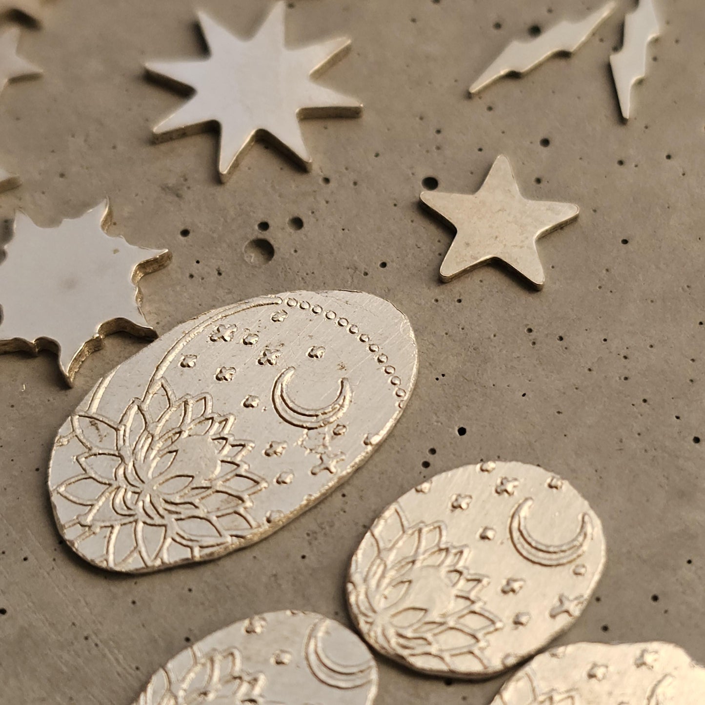 Moon, stars, sky, sterling silver, lightening bolts, sun, silversmithing components