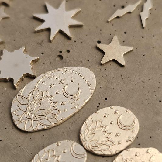 Moon, stars, sky, sterling silver, lightening bolts, sun, silversmithing components