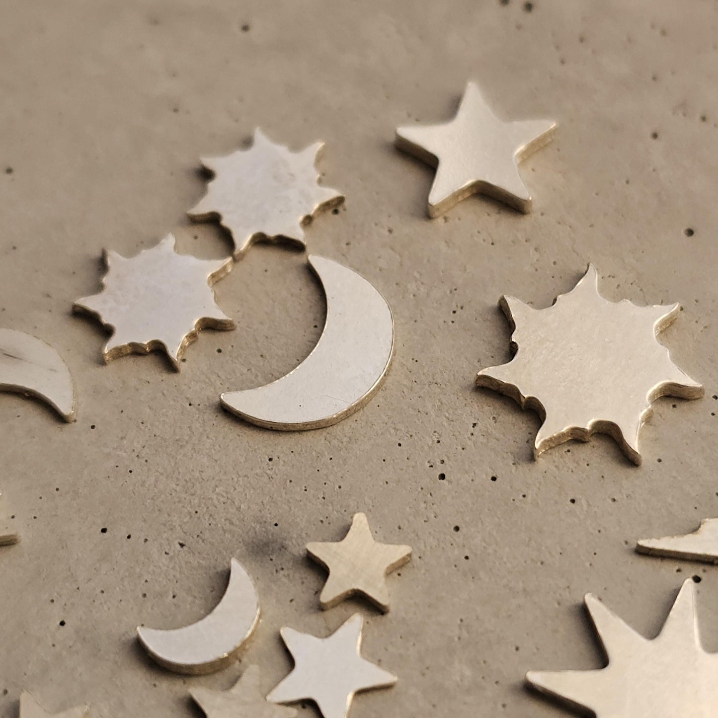 Moon, stars, sky, sterling silver, lightening bolts, sun, silversmithing components