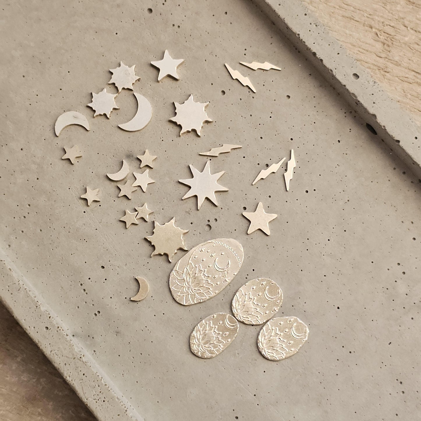Moon, stars, sky, sterling silver, lightening bolts, sun, silversmithing components