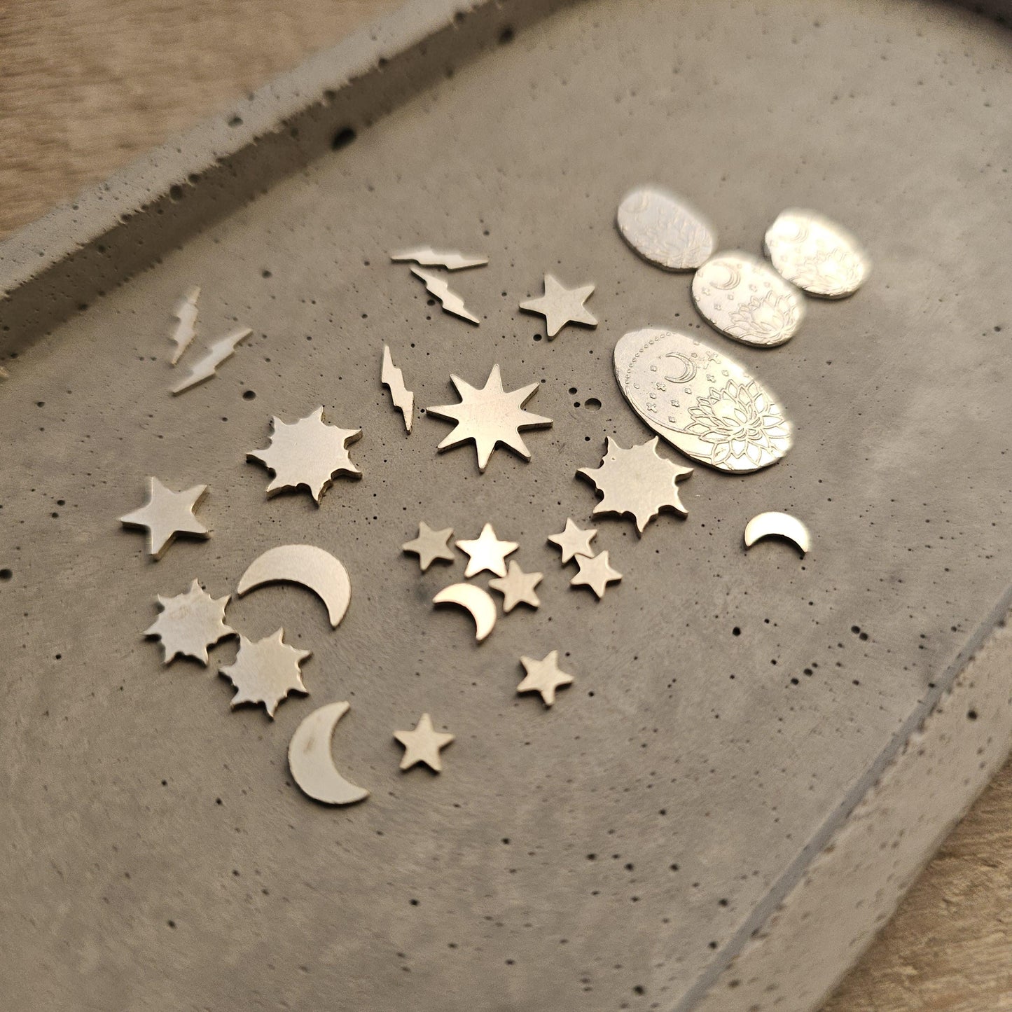 Moon, stars, sky, sterling silver, lightening bolts, sun, silversmithing components