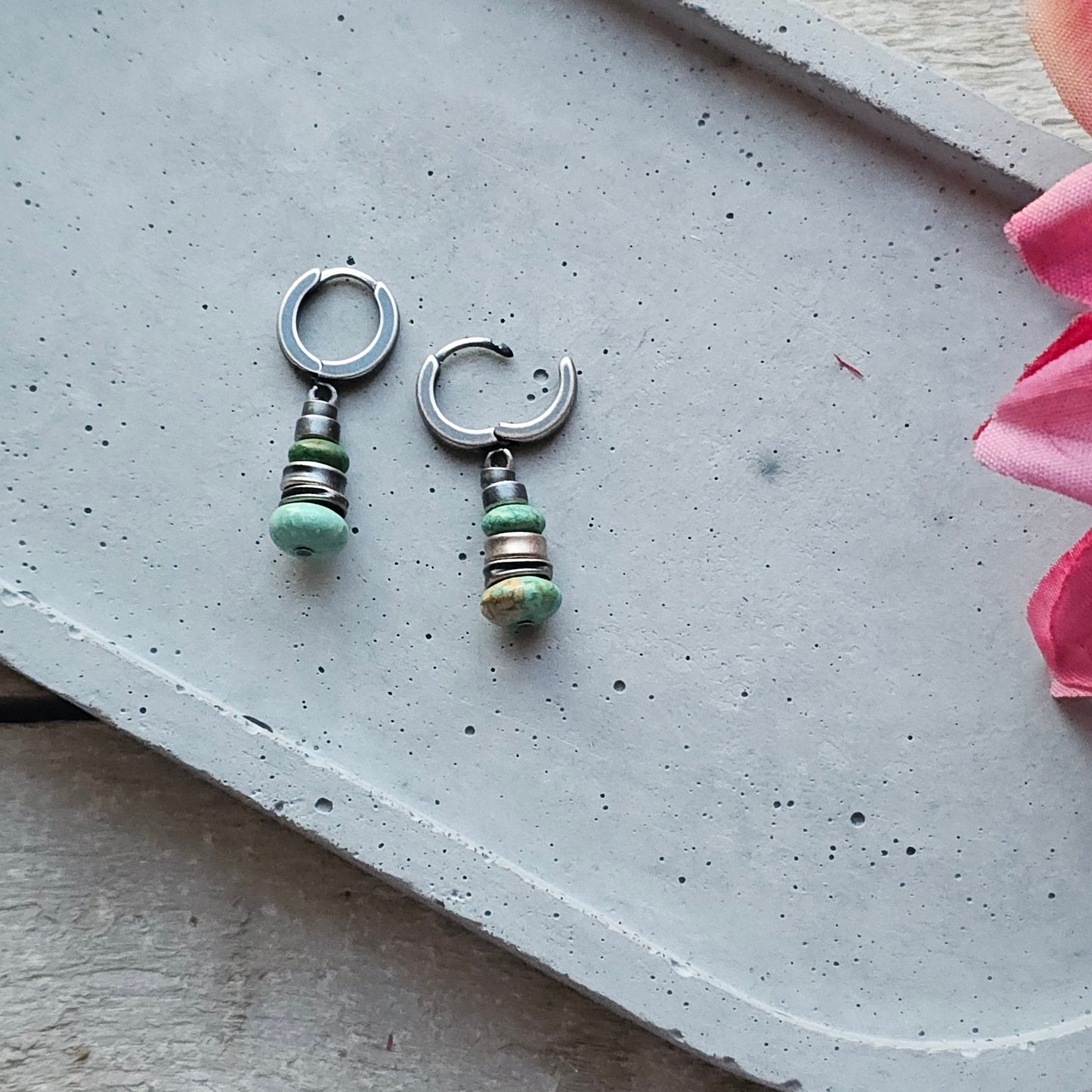 Stacked Turquoise & Sterling Silver Huggie Earrings
